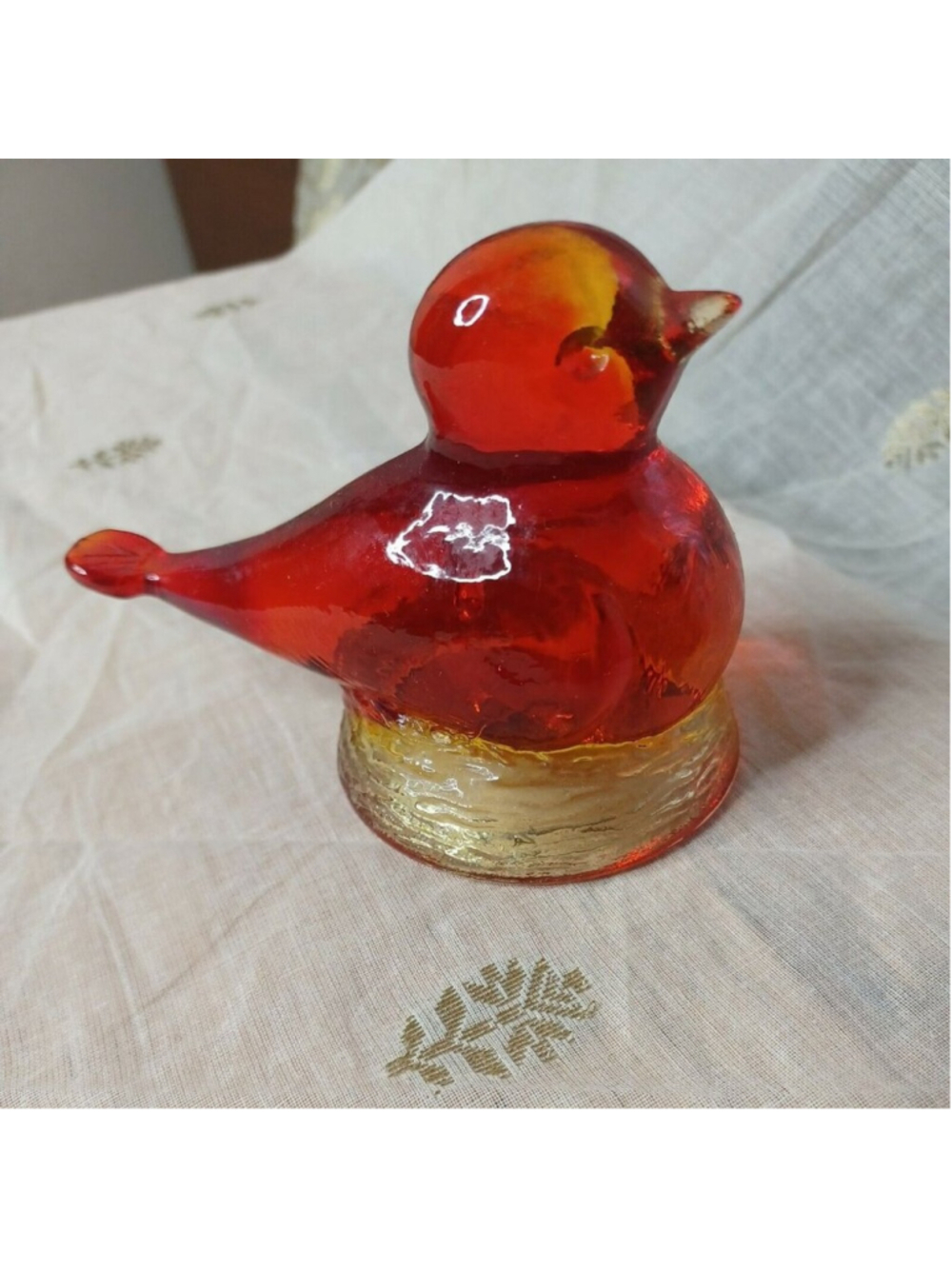 VINTAGE KANAHWA HANDCRAFTED AMBERINA AMBER GLASS BIRD PAPERWEIGHT MADE IN USA